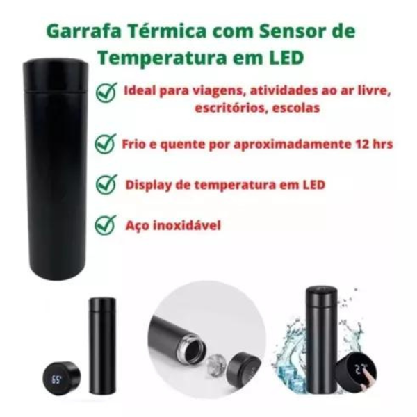 Garrafa Térmica 500ml Com Medidor De Temperatura Digital Led